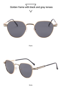 Front and 45-degree side views of retro gold metal hexagonal frame sunglasses with dark lenses