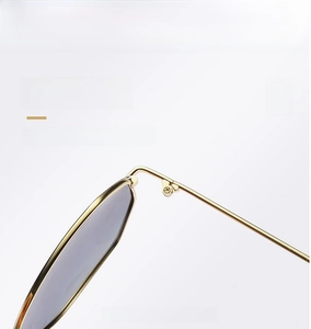 Close-up of durable metal hinge and golden frame on stylish round polarized sunglasses