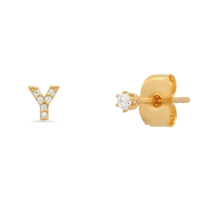 Detailed close-up of golden S925 sterling silver letter Y stud earrings with sparkling stones