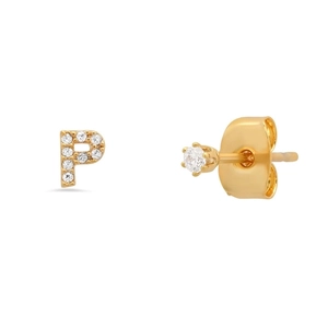 Detail of gold S925 silver initial P stud earring with sparkling cubic zirconia stone