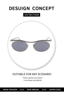 Detailed close-up of oval metal sunglasses with UV protection and a unique top bridge design