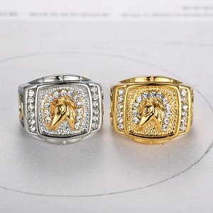 Gold and silver horse head rings for men with sparkling crystal diamond embellishments