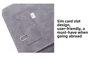 Detail view of RFID passport wallet showing dedicated dual SIM card slots and ejector pin tool