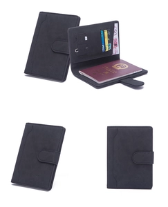 Detailed view of black RFID passport holder with internal slots for cards and SIM cards
