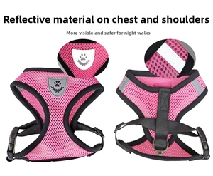 Detail of pink mesh pet harness showing reflective shield and safety strips for night walking