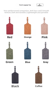 Matrix display of colorful PU leather luggage tags with buckle straps and airplane design