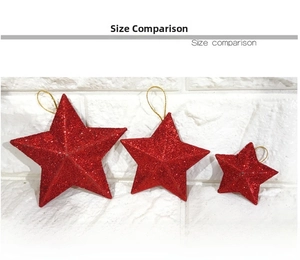 Size comparison of three red glitter star ornaments in 10cm, 7cm and 5cm dimensions