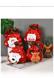 Detail of 3D Santa and snowman plush drawstring gift bags with embroidered applique