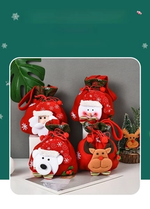 Detail of Santa, Snowman, Bear and Reindeer 3D dolls on red drawstring Christmas gift bags