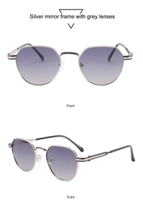 Detail view of silver polygonal sunglasses frame with grey gradient lenses and metal hinges