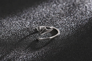 Detailed macro view of dark style bat wing adjustable ring in antique silver finish