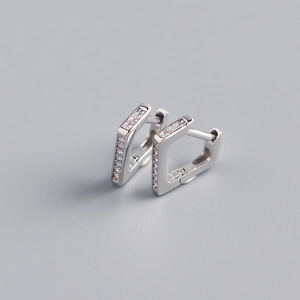 Detailed view of S925 sterling silver triangle hoop earrings with sparkling zircon stones