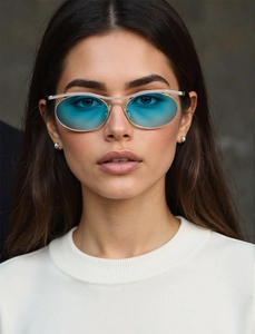 Close-up of model wearing gold metal oval sunglasses with blue gradient lenses