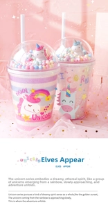 Detail of cute unicorn-themed double-layer plastic water bottles with colorful glitter globes