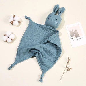 Blue cotton muslin baby security blanket with rabbit head design and knotted corners