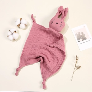 Pink cotton gauze baby security blanket with cute rabbit ears and knotted limbs details