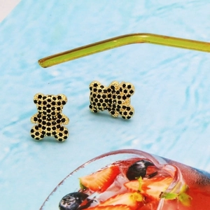 Sparkling black zircon teddy bear stud earrings with gold plating for women's daily wear