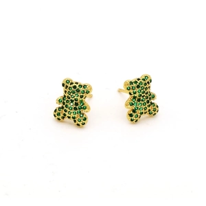Cute gold bear stud earrings with green cubic zirconia crystals on white background
