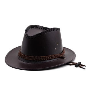 Detail of dark brown faux leather cowboy hat with braided band and adjustable wind strap