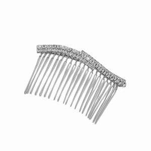 Detail of silver hair comb featuring double rows of rhinestones and 18 metal teeth