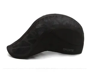 Detail view of black breathable mesh sports cap with side grey SPORTS lettering