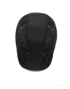 Top view of a black quick-dry cap showing breathable mesh panels and high-quality stitching