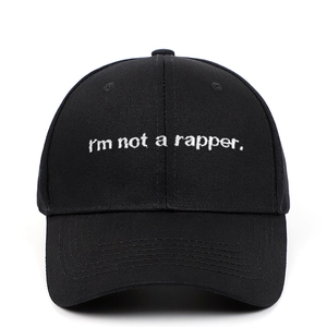 Classic black cotton baseball cap with white 'i'm not a rapper' embroidery for outdoors