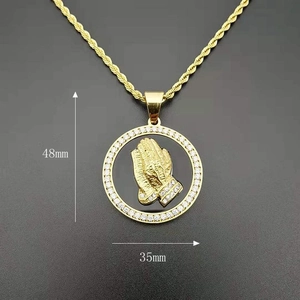 Gold hip hop prayer hands pendant with zircon inlay and 48mm height measurement