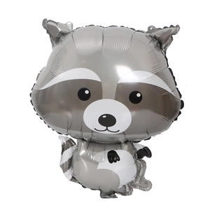 Macro shot of cute gray and white raccoon foil balloon for jungle theme party decor