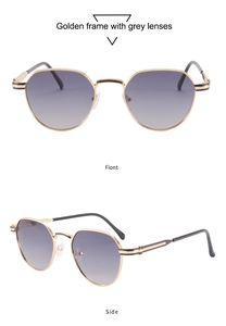 Detailed front and side view of gold metal polygonal sunglasses with grey gradient lenses