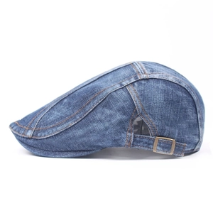 Adjustable dark blue denim beret cap with side bronze metal buckle for men and women