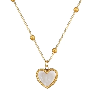 Gold titanium steel necklace with heart mother of pearl pendant on white background