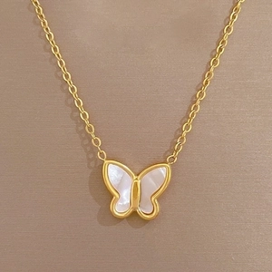 Minimalist titanium steel necklace with gold-plated butterfly pendant and shell inlay