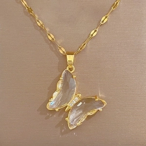 Elegant gold titanium steel butterfly necklace with faceted crystal wings and zircons