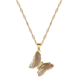 Elegant gold titanium butterfly necklace with crystal-inlaid wings and translucent accents