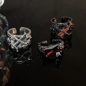 Gothic Thorn Open Ring Copper Zircon Rectangular Gemstone Dark Punk Aesthetic Adjustable Jewelry For Women Elegant