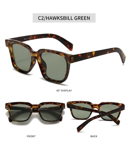 Detailed views of vintage square tortoiseshell sunglasses with dark green lenses