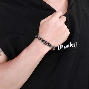 Double-layered silver Cuban and woven chain bracelet in retro hip-hop style for men and women