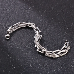 Vintage double-layer silver metal Cuban chain bracelet for men and women in hip hop style