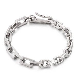 Retro geometric silver chain bracelet with rectangular links and hook clasp on white background
