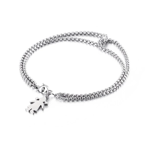 Polished silver stainless steel double chain bracelet with a female figure pendant charm