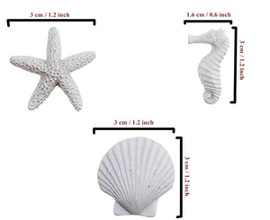 Detailed size specifications for white resin starfish, seahorse, and seashell ornaments