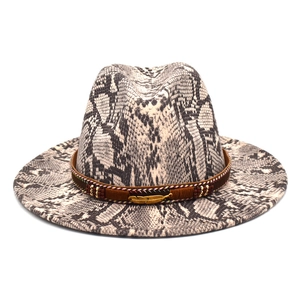 Western style snakeskin print fedora hat with gold feather pendant and beaded band