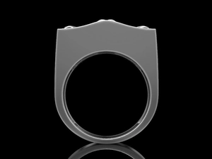 Detail view of the wide shield top and smooth inner band of this punk style silver ring