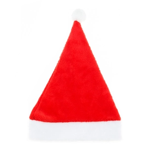 Classic red plush Christmas hat with white fur trim and pompom on white background