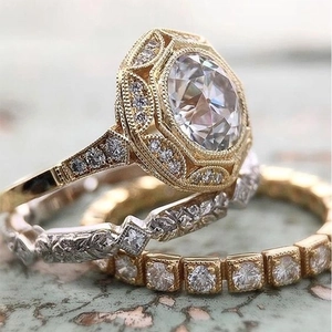 Vintage Geometric Hexagon Halo Rings Copper Cubic Zirconia Stackable Wedding Jewelry For Women Gold Color