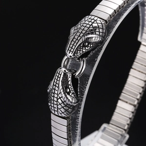 Punk style stainless steel bracelet with double snake head design in antique silver finish