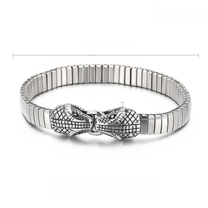 Detailed view of punk double snake head stainless steel bracelet with size specs