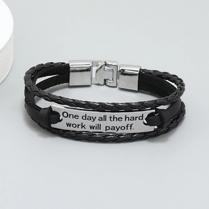 Men's multilayer braided black leather bracelet with engraved silver inspirational plate