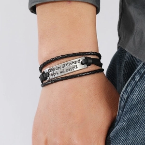 Men's multilayer braided leather bracelet with silver inspirational engraved metal plate